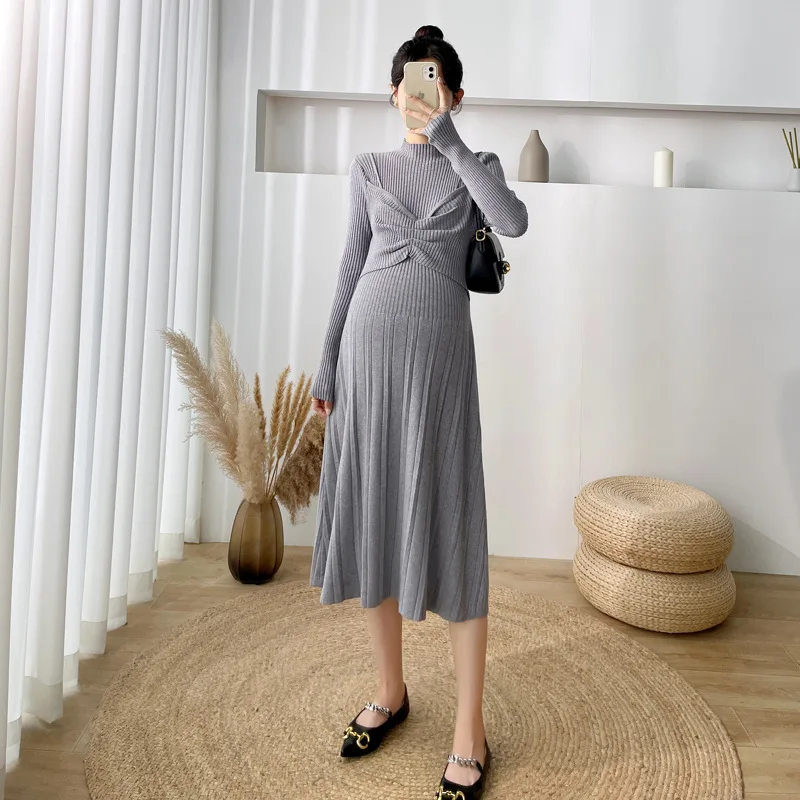 

Maternity dress autumn and winter knitted sweater fake two long dresses for pregnant women，Maternity skirt