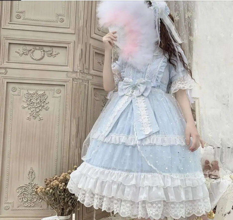 Ретро готический дворец Лолита op лоли cos сладкий платье в стиле «Лолита» летние kawaii для девочек свежий кружевной бант с О-образным вырезом платье в викторианском стиле