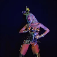 sexy golden body sculpting costume headgear women nightclub party show wear rave outfits pole dance clothing xs2145