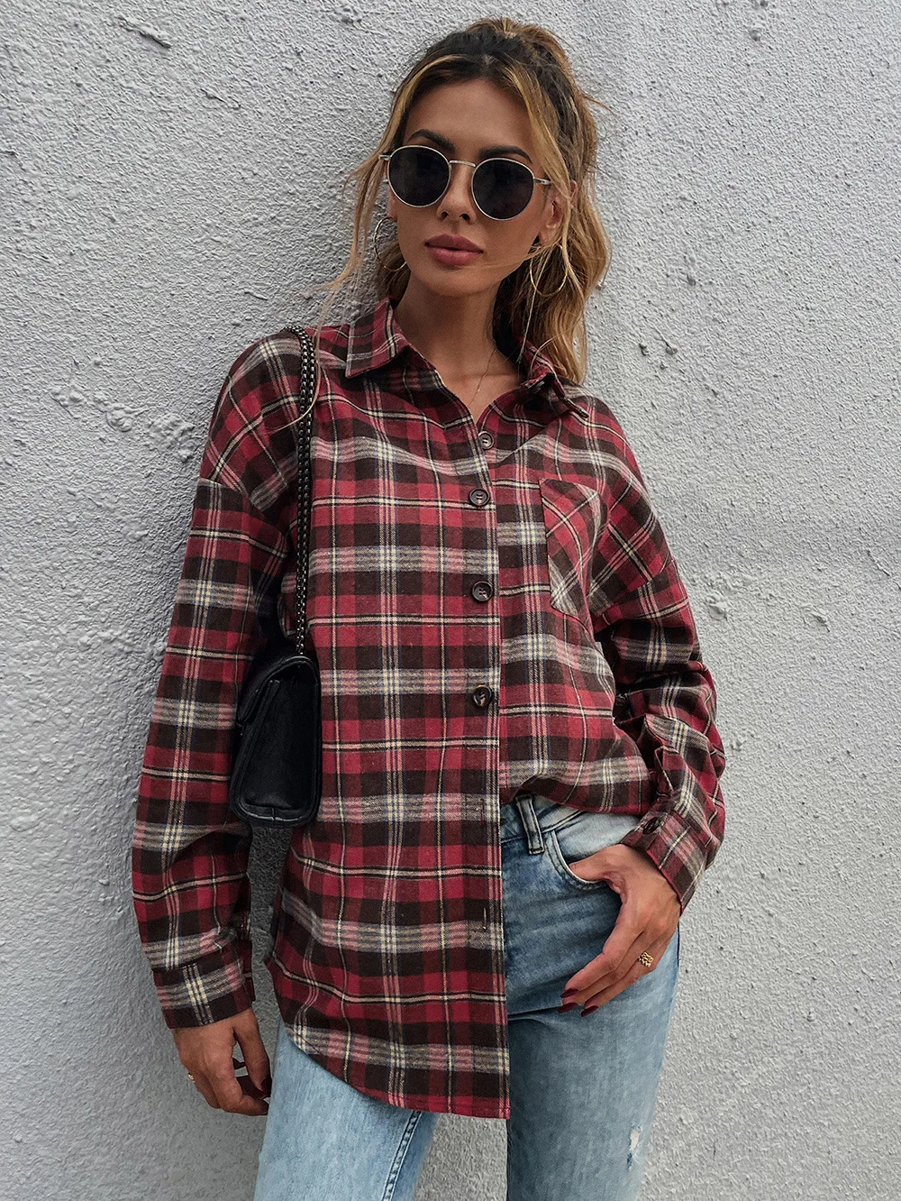 

Shirts Women Autumn Sexy Fashion Plaid Simply Casual Loose Long Sleeve Turn-down Collar Single Breasted Mujer De Moda Blusas