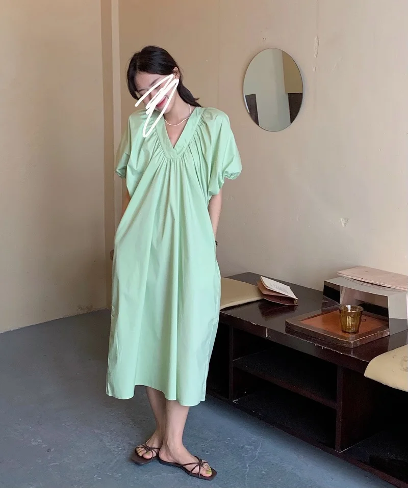 

2021 Summer Women Casual Loose Solid A-line Folds Party Dress Fashion Sexy Deep V-neck Vintage Puff Sleeve Korean Long Dress