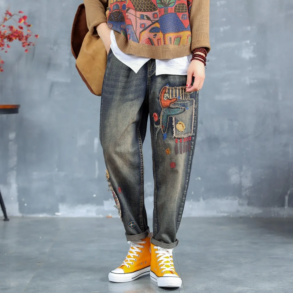 Осенние новые длинные джинсы в стиле ретро из джинсовой ткани с вышитыми