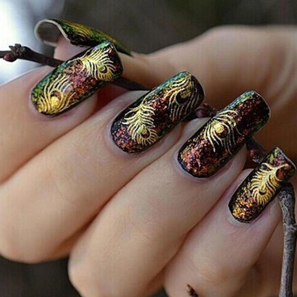 1 лист высококачественные для спа Павлин перо изображение золотой цвет ногтей