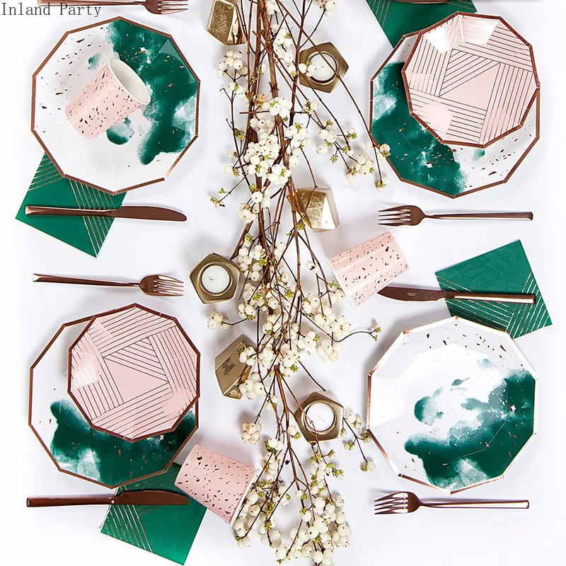 Набор одноразовой посуды с чернильным рисунком бумажная тарелка соломенный