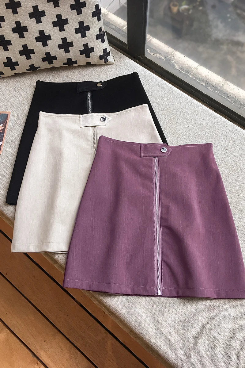 

High Waist Femme Faux Leather Mini Skirt Lady Trendy Autumn Winter Korean Style Wrap Skirt Solid Black Purple Front Zipper
