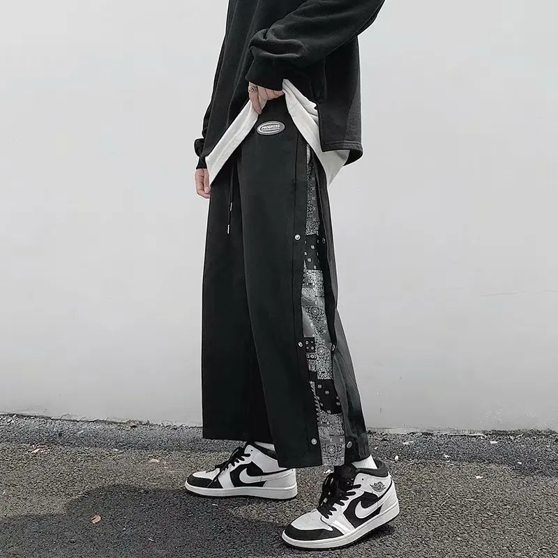 

Брюки мужские с разрезом сбоку, однобортные, стиль хип-хоп, стиль Харадзюку, повседневные брюки с принтом, бриджи, брюки для бега