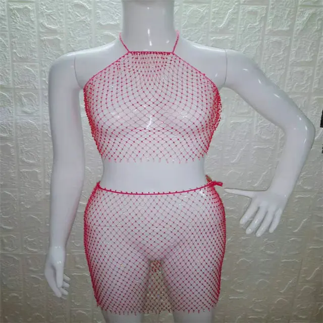 as PARAKINI Sparkly Crystal Diamonds Bikini Beach Women Dress Beach Cover Up Dresses Fishnet Cropped Top Two Pieces Set Beach Dress - Color: as