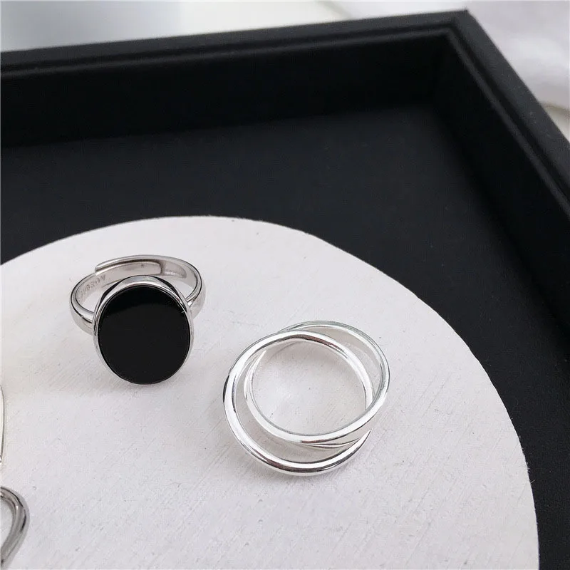 

QMCOCO 925 Silver New Style Creative Design Double Circle Cross Black OVal Punk Geometric Ring For Woman Man Party Jewelry Gift