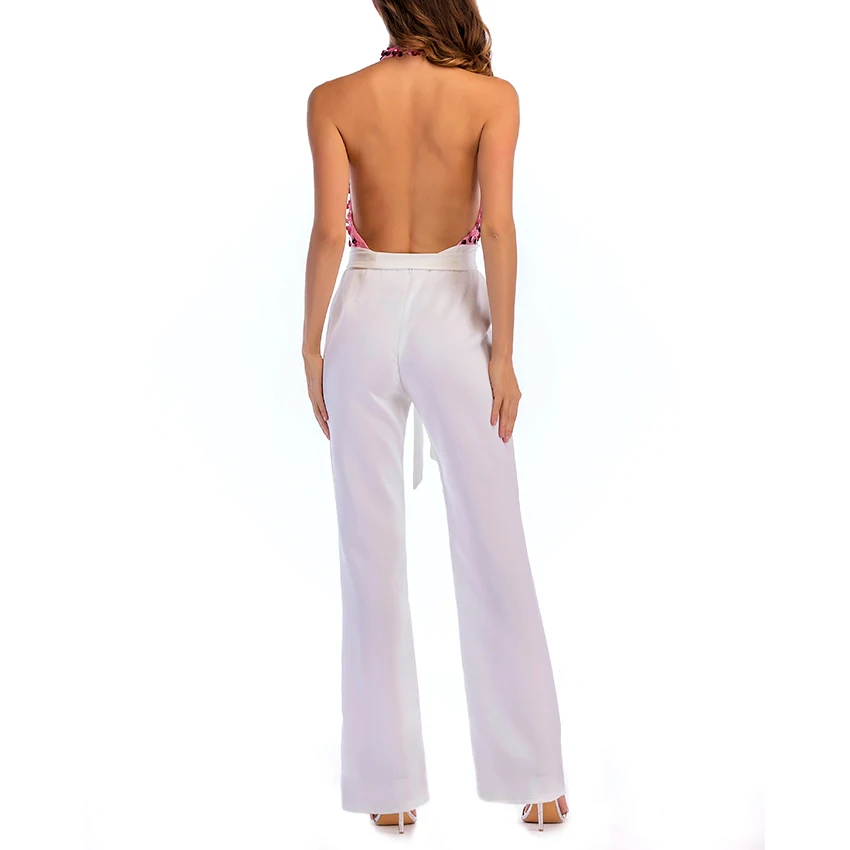 

Sexy Sequin Glitter Halter Backless Jumpsuit Summer Women Trousers White Simple Overall Night Club Fall Loose Straight Pants