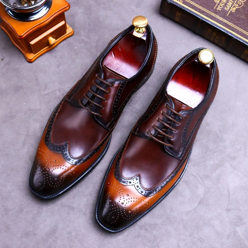 

Classic Genuine Cow Leather Brogue Oxfords Dress Patchwork Pointed Toe Lace Up Waxing Process Wedding Party Shoes For Men A185