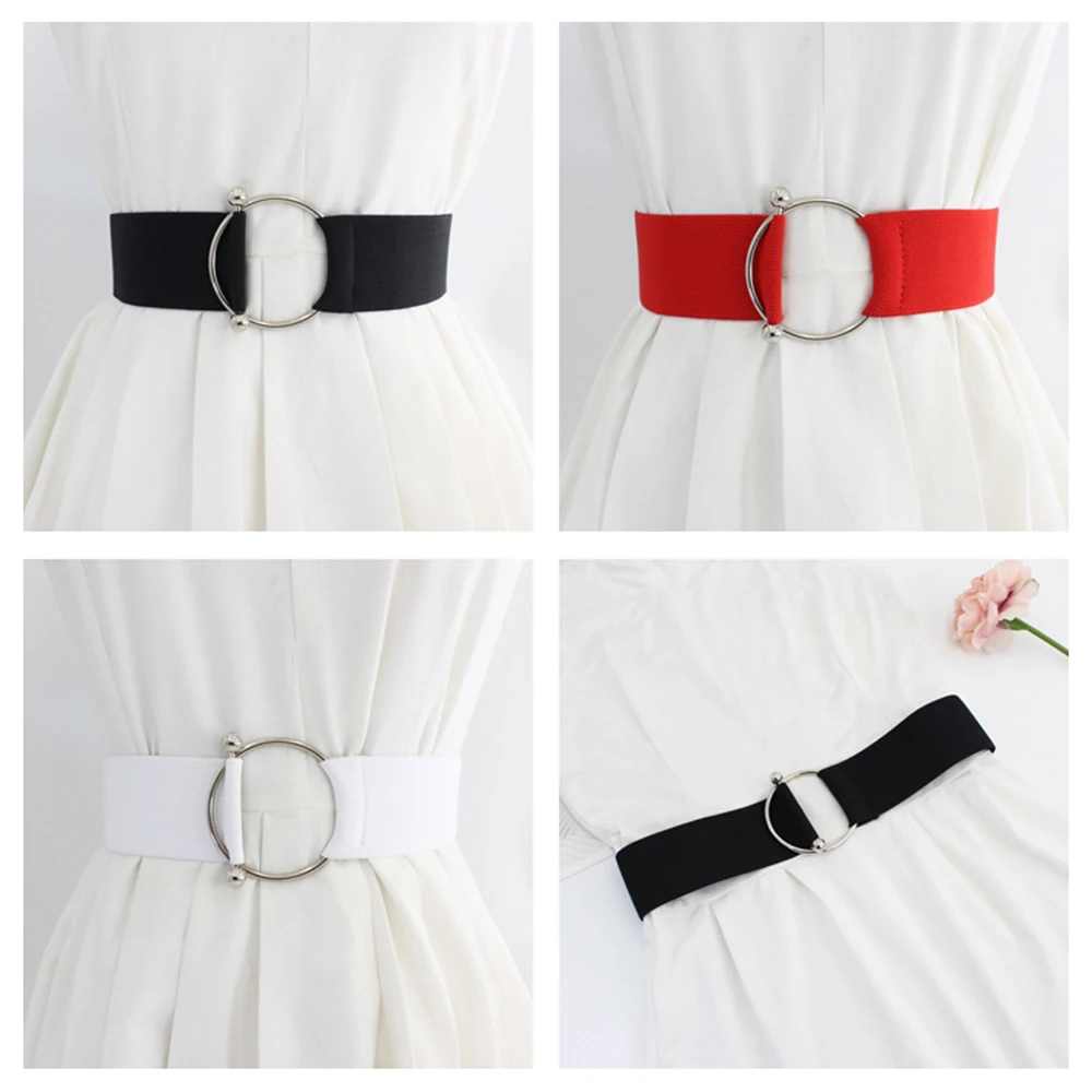 

Women's Metal Elastic Wide Waistband Fashion Metal Round Ring Butt Buckle Elastic Wide Belt With Dress All-match Corset Decorate