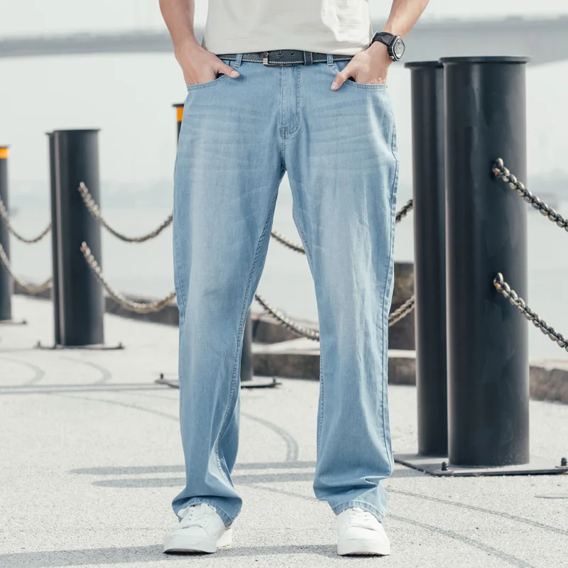 Summer Thin Section Men Jeans Loose Baggy Large Size Hip Hop Wide Leg Denim Pants Wear-Resistant Elastic Straight Blue Trousers