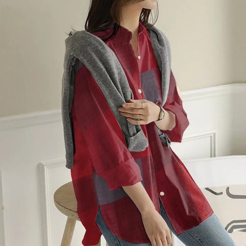 

Women Long Sleeve Blouses Casual Loose Work Shirt Pockets Asymmetrical Chemise Spring Plaid Tops Plus Size 5XL