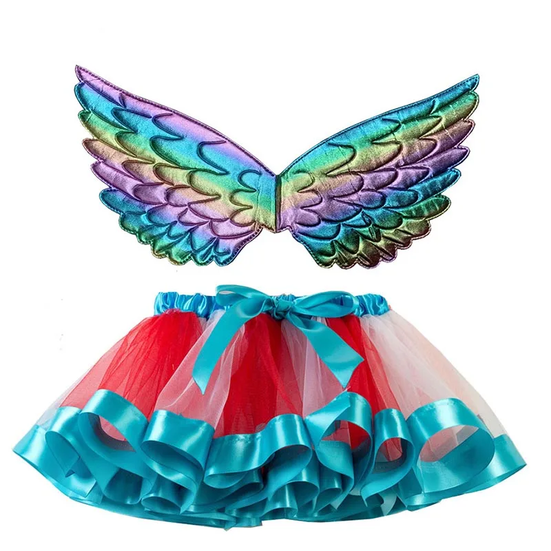 

New Baby Girls Tutu Skirt Children Ballet Skirts For Party Dance Princess Bow Colorful Mini Pettiskirt And Wings 2PCS