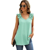 elegant sleeveless t shirt tops women fashion loose frilled side camisole sexy v neck tee ladies casual plus size tank top