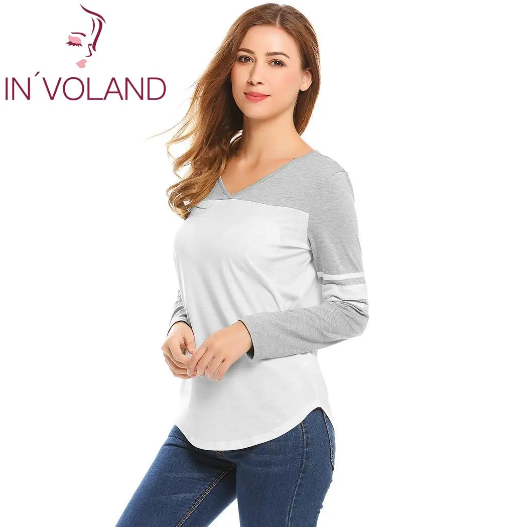 Женская Повседневная футболка с v-образным вырезом и длинным рукавом из кусков