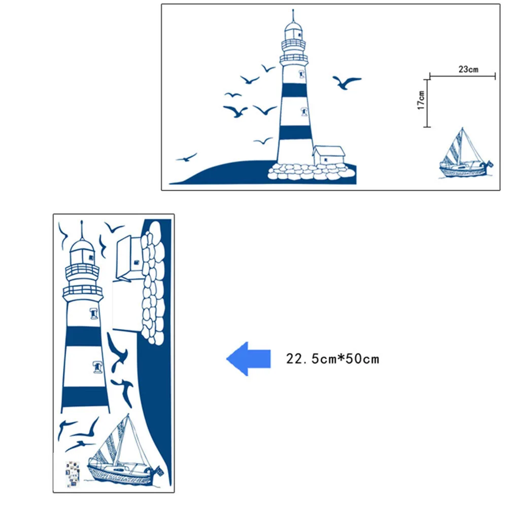 Navy Blue PVC Modern stylish Tower Sailboat Gull Pattern Removable Wall Sticker Decal Background Home Decor | Дом и сад