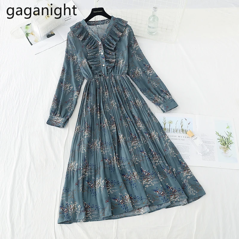 

Женское шифоновое платье Gaganight, винтажное облегающее платье феи с высокой талией, офисное платье с цветочным принтом и оборками в Корейском ...