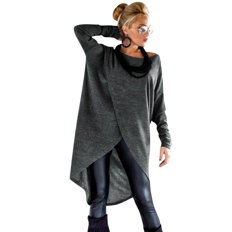 Женское асимметричное платье однотонное облегающее с круглым вырезом и длинным