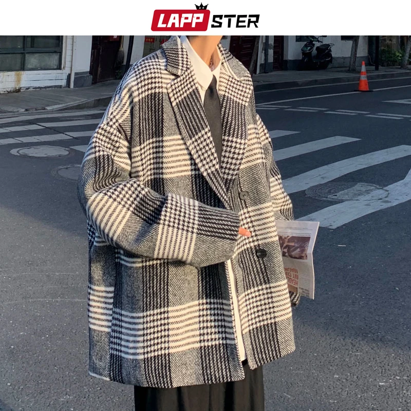 

LAPPSTER Men Harajuku Vintage Plaid Trench Coat 2022 Mens Japanese Streetwear Long Wool Coat Male Korean Oversized Windbreaker