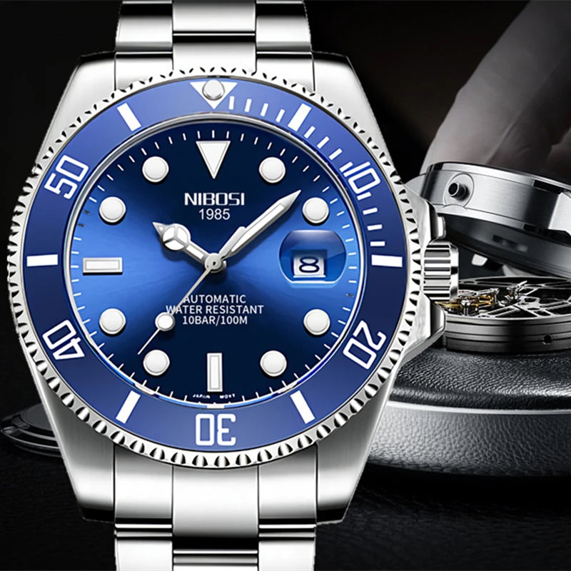 

Механические Мужские часы NIBOSI Submariner, роскошные брендовые модные мужские часы под платье, водонепроницаемые автоматические мужские часы 100 ...