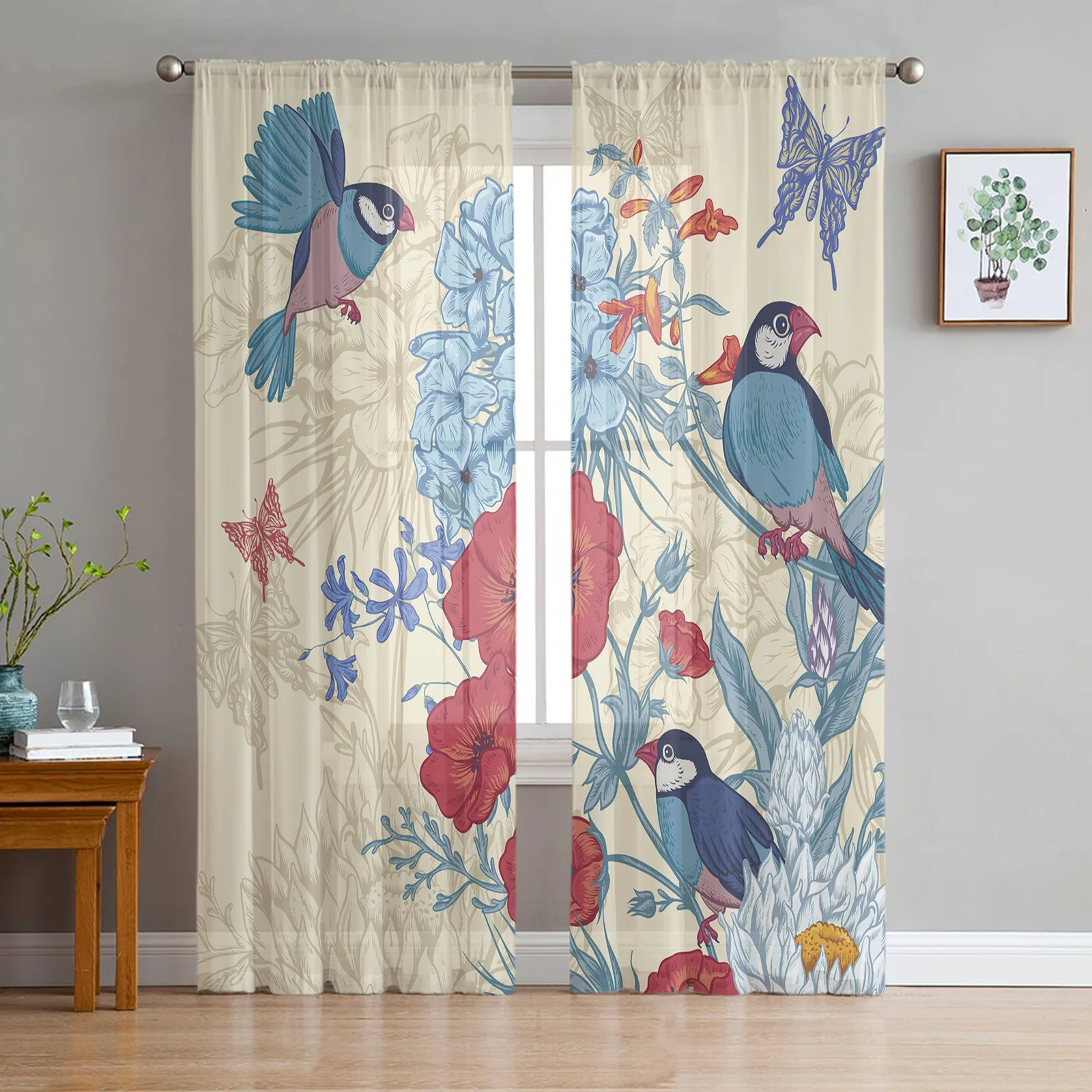 

Park Vintage Flowers Bird Butterfly Window Curtains Bedroom Modern Drape Sheer Tulle Valances Living Room Kitchen Voile Curtain