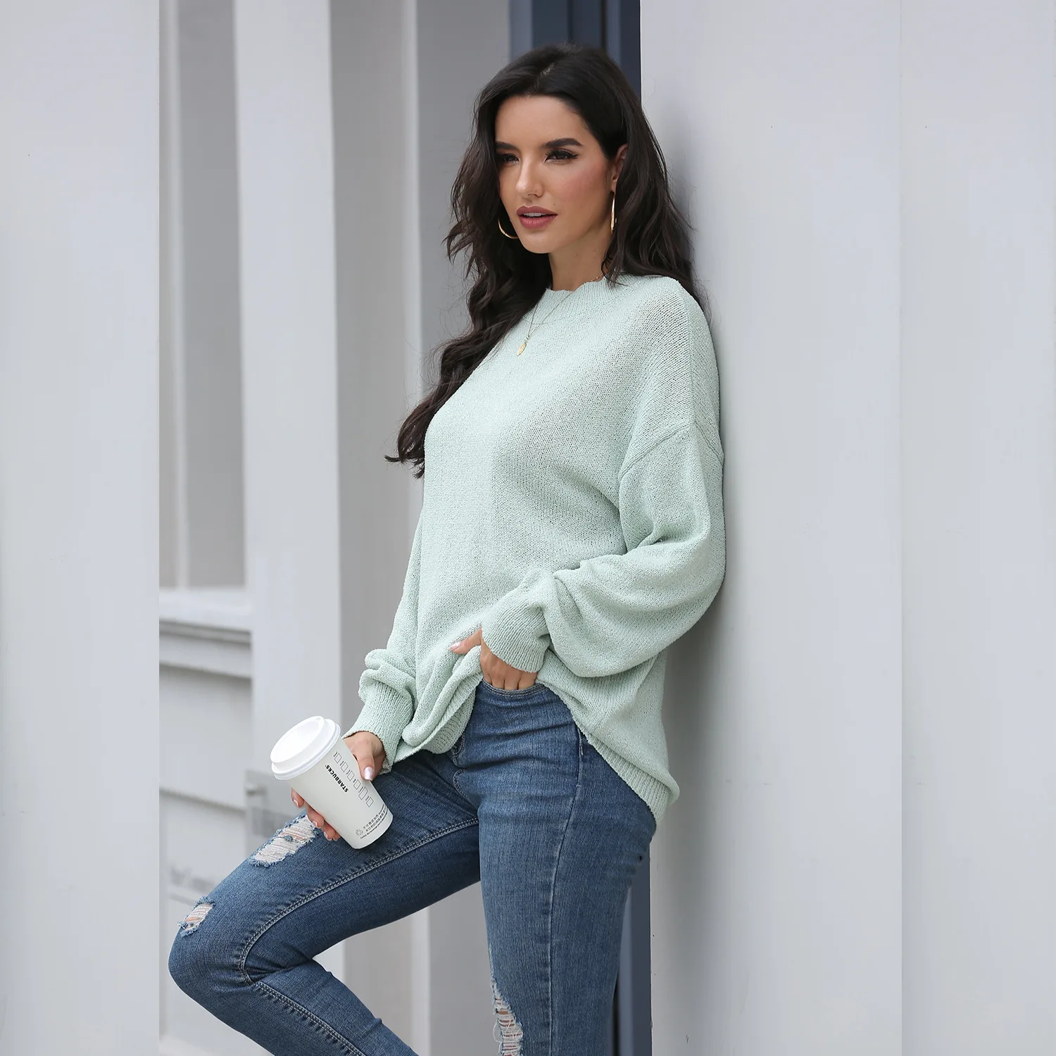 

Korean Style Fall Thin Section Female O-neck Long Sleeve Sweater Woman Loose Casual Green Knitted Sweater Pullover Sueter Mujer