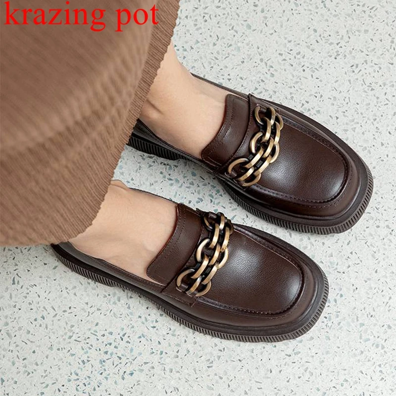 

Krazing Pot 2022 genuine leather round toe slip on med heels casual autumn shoes concise loafers metal fasteners women pumps ins