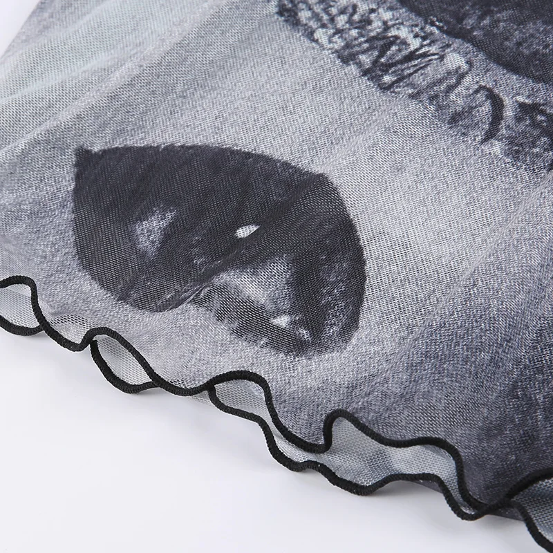 

Goth Eye Print Mesh Crop Tops Women Summer Short Sleeve Skinny T-Shirt Sexy E Girl Streetwear Transparent Crop Tops Clubwear