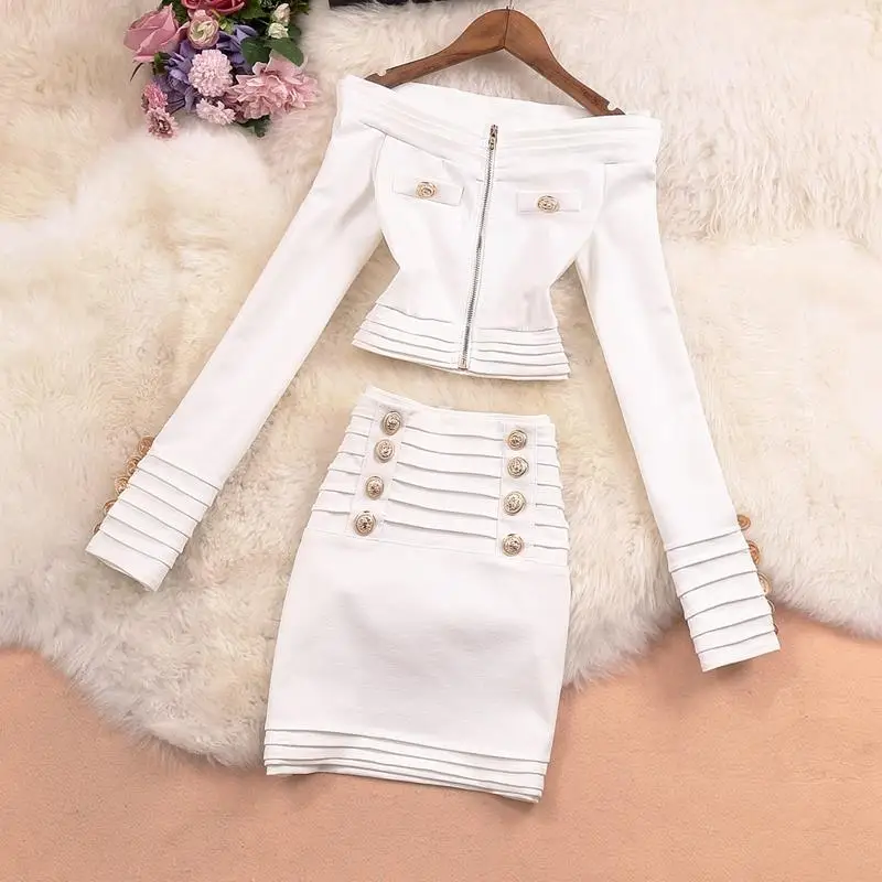 

Women 2021 Spring Autumn Fashion Two Piece Set Female Slash Neck Crop Top Jacket Coat + Mini Skirt Suits Lady 2 Piece Sets D325