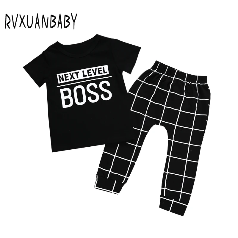 Summer Kids Boys Clothing Short Sleeve Top Next Level Boss T-shirt Plaid Pants Outfits 2pcs Set Toddler |