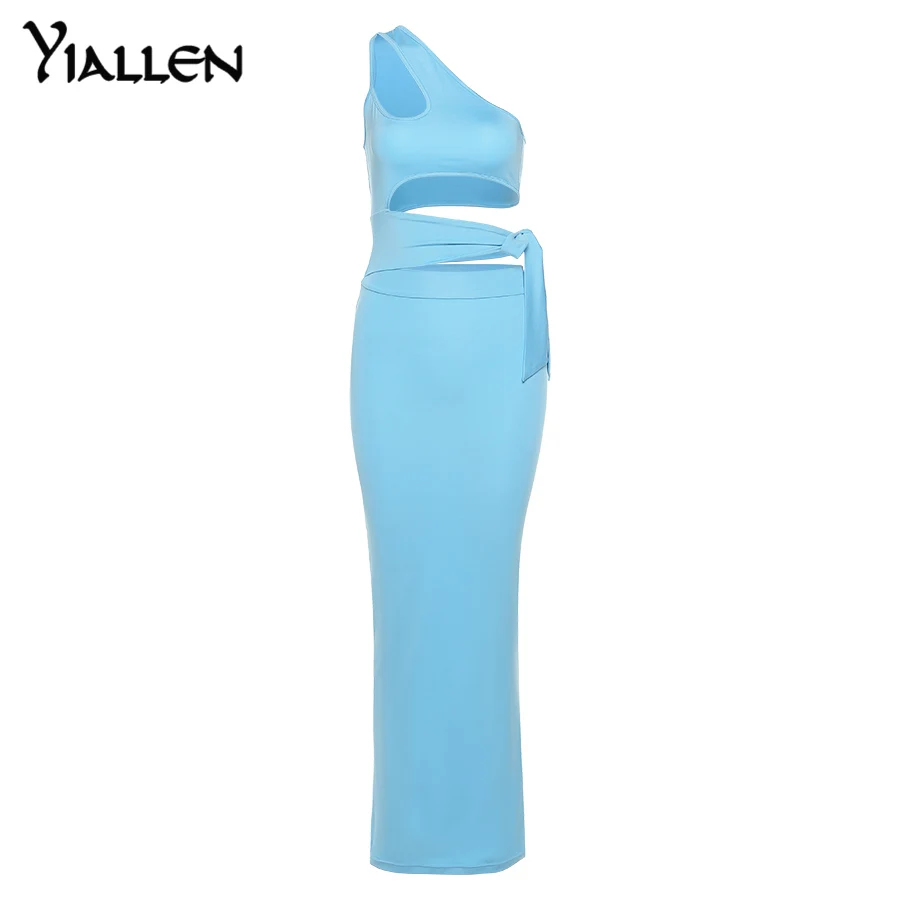 

Yiallen Solid Hollow Out Ruched Sexy Women Maxi Dress 2021 New Fashion Summer Sleeveless Diagonal collar Sheath Partywear Skirts