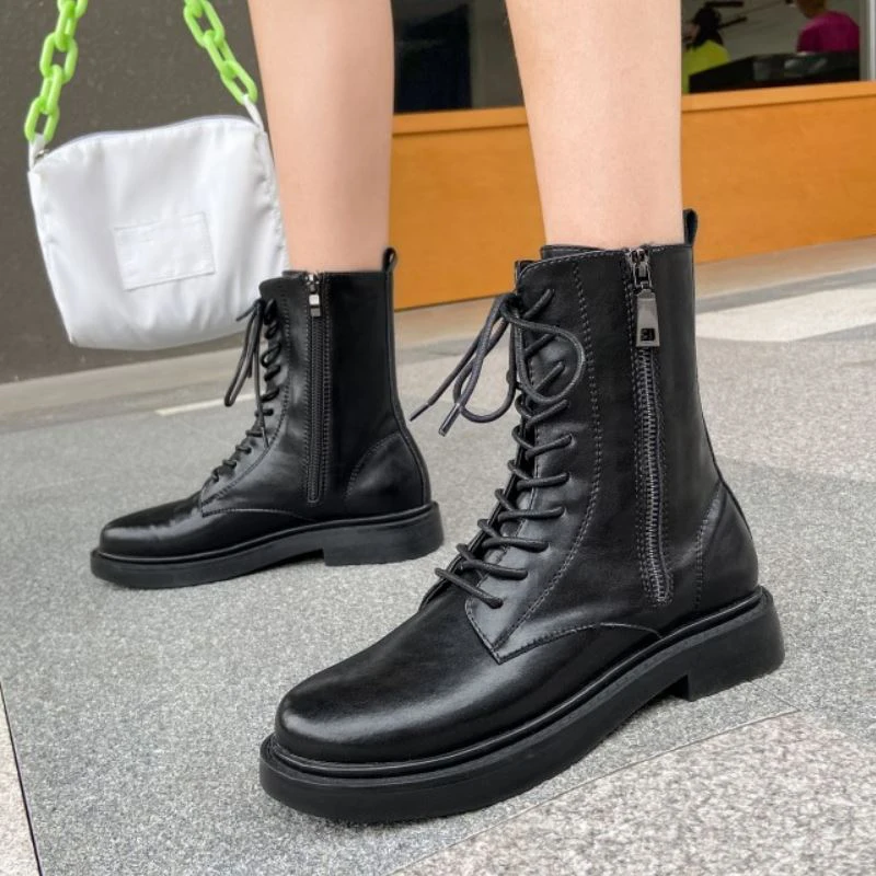 

Taoffen Real Leather Women Ankle Boots Flats Round Toe Cross Strap Zipper Shoes Winter Boots Women Casual Footwear Size 35-39