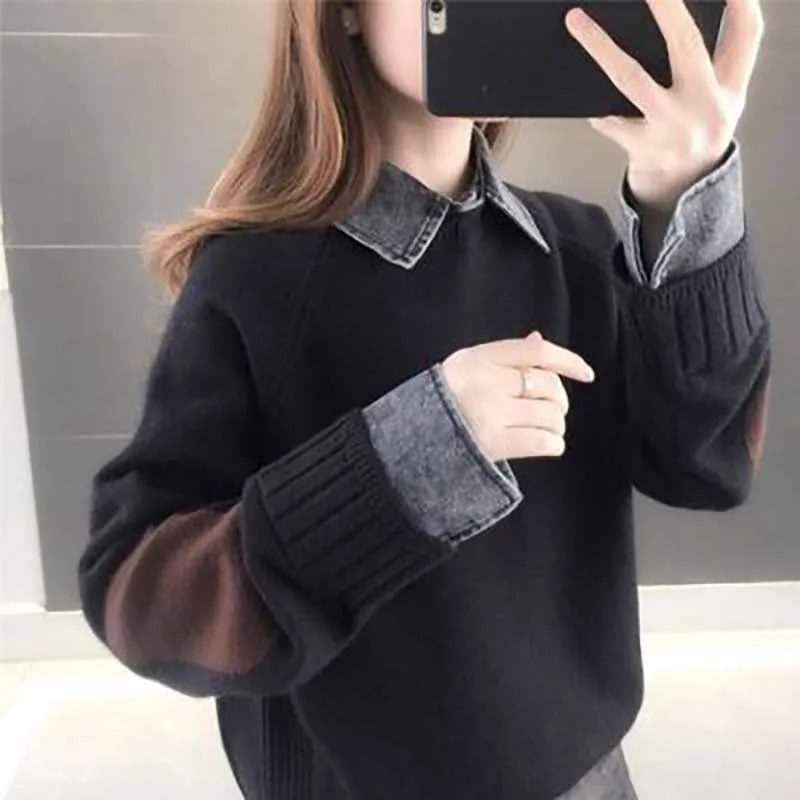

2021 New Korean Version Of Fake Two-Piece Denim Collar Ladies Sweater Casual Wild Lazy Autumn Pullover Sweater Top Office Women