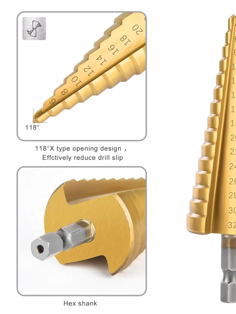 Сверло ступенчатое из быстрорежущей стали с титановым покрытием для древесины и