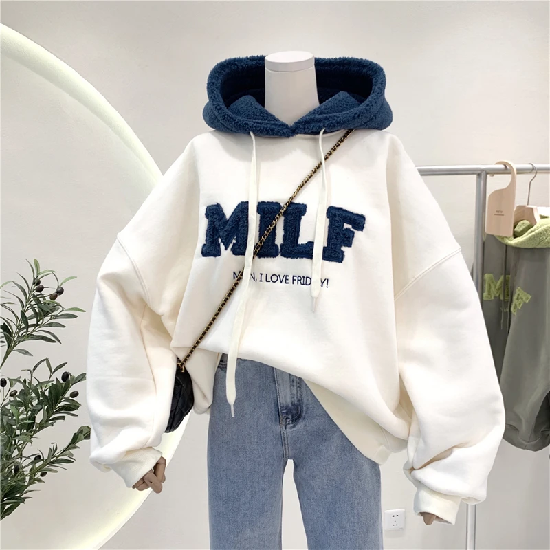 

2021 Spring Oversized Hoodie Women Warm Velvet Patchwork Lambswool Female Sweatshirt Women With Hood Letter Print Sweat Tops