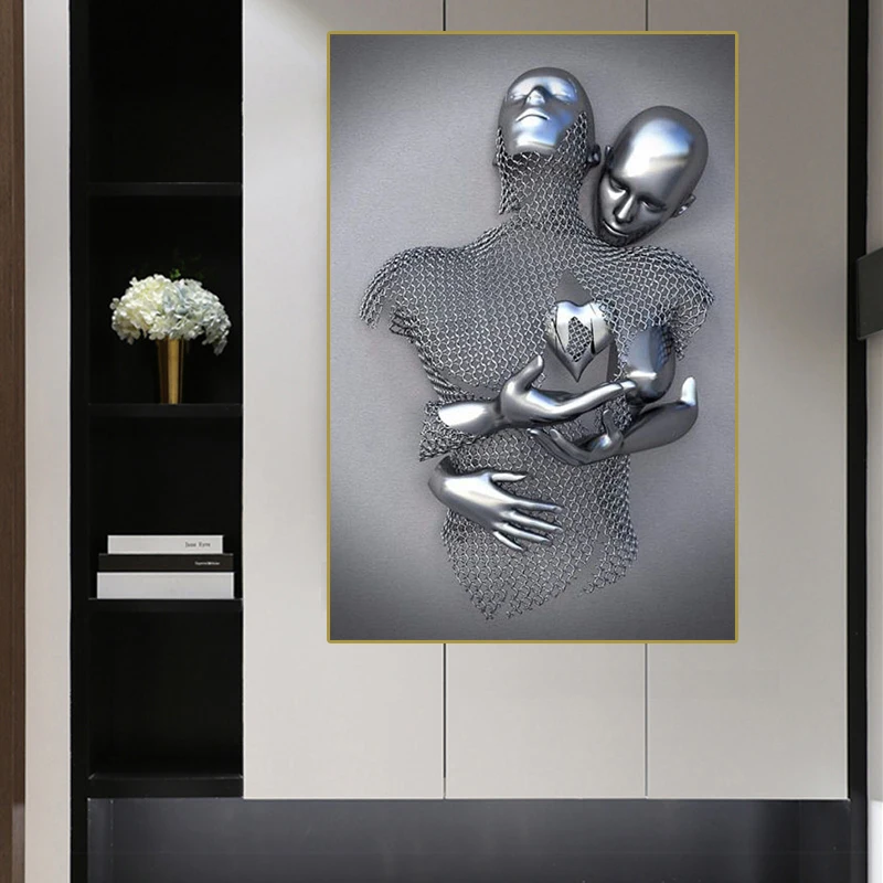 

Couples Metal Figure Statue Wall Art Canvas Painting Lover Sculpture Poster Print Modern Wall Picture for Living Room Home Decor