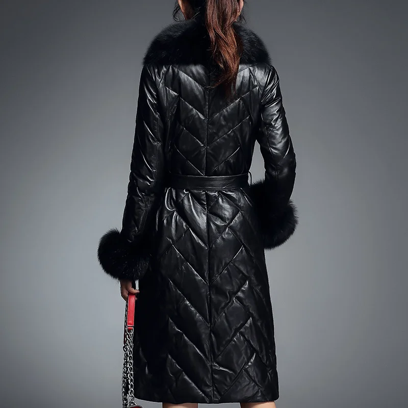 Женское пальто из натуральной кожи с воротником лисьего меха|Кожаные куртки| |