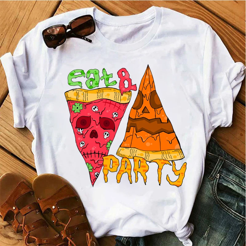

Eat and Party Comic Print Round Neck Solid Color Tumblr Short Sleeve Streetwear Harajuku Ulzzang Casual Women's Graphic Tshirt