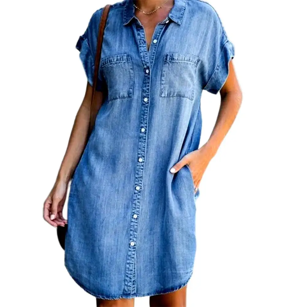 

Denim Dress Women Short Sleeve Pockets Single-breasted Irregular Hem Knee-length Denim Dress женское платье vestido de mujer