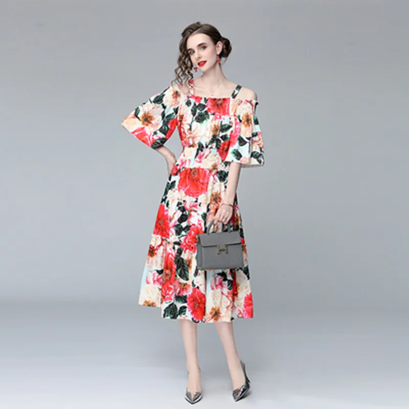 

Fashion Runway 2021 Summer Boho Dress Women Sexy Off Shoulder Spaghetti Strap Elastic Waist Floral Print Elegant Party Dress
