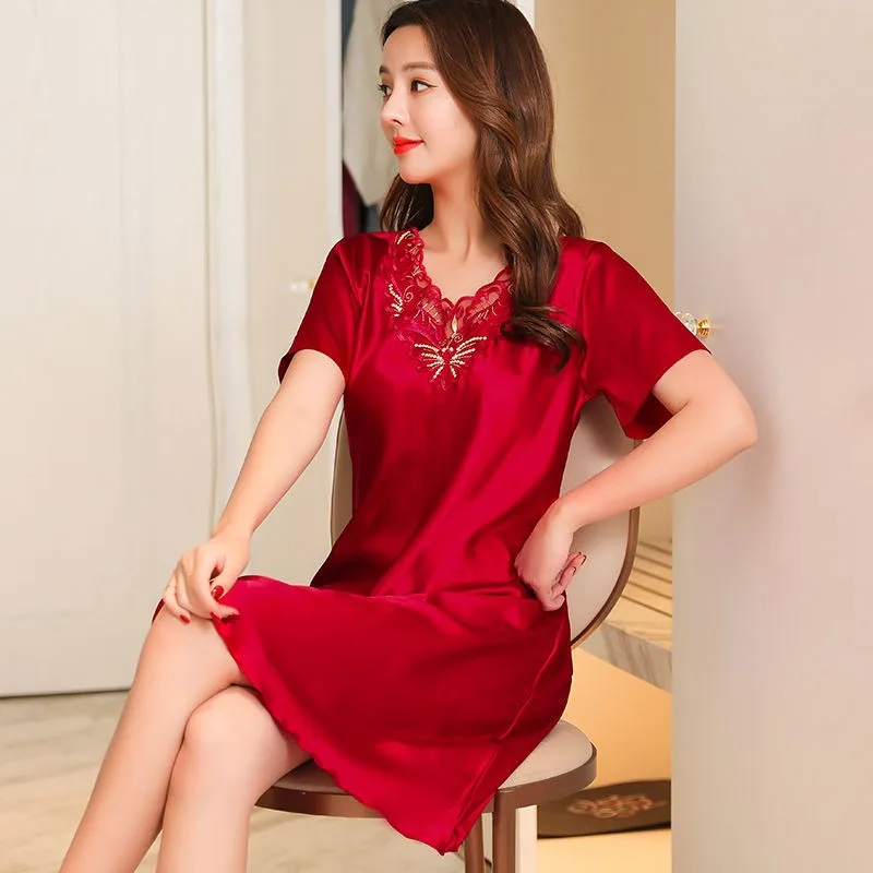 Шелковистая атласная женская ночная сорочка Ночная рубашка кружево интимное