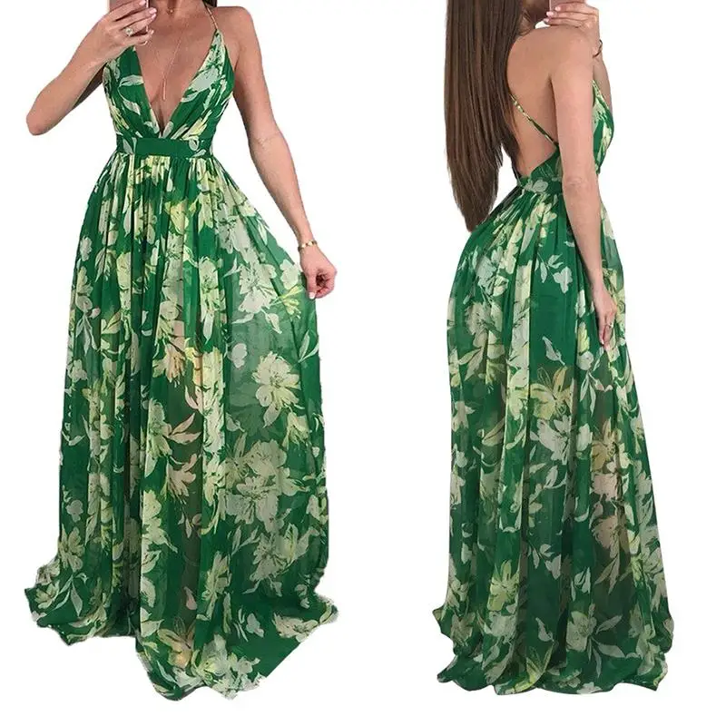 Женская обувь зеленого цвета в стиле Бохо Пляжное Платье макси с принтом летние