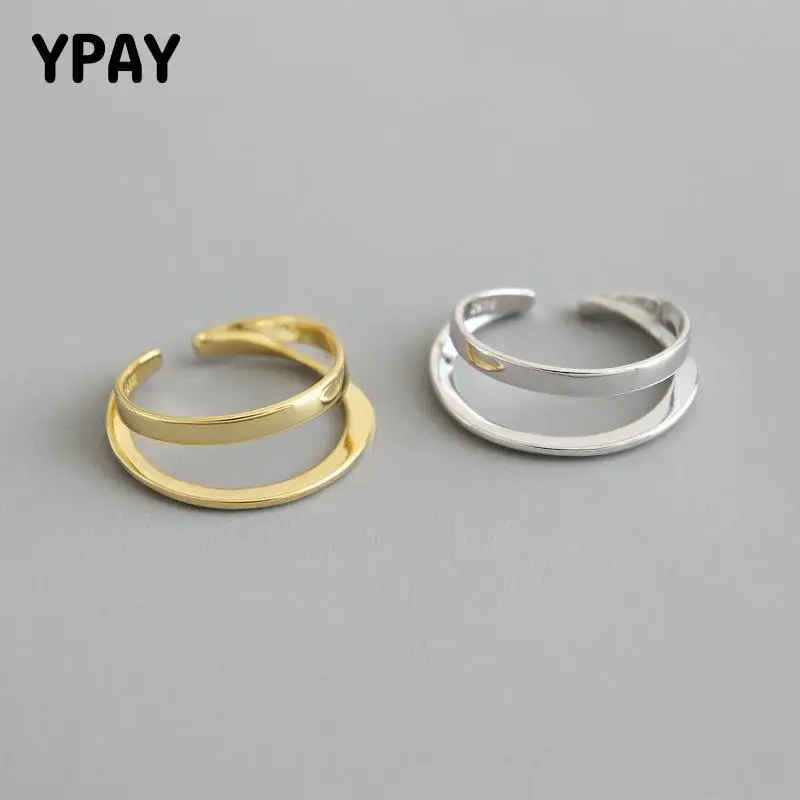 

YPAY Double Layers Smooth Simple Adjustable Ring Women Korea INS Pure 925 Sterling Silver Open Rings Fine Jewelry Gifts YMR833
