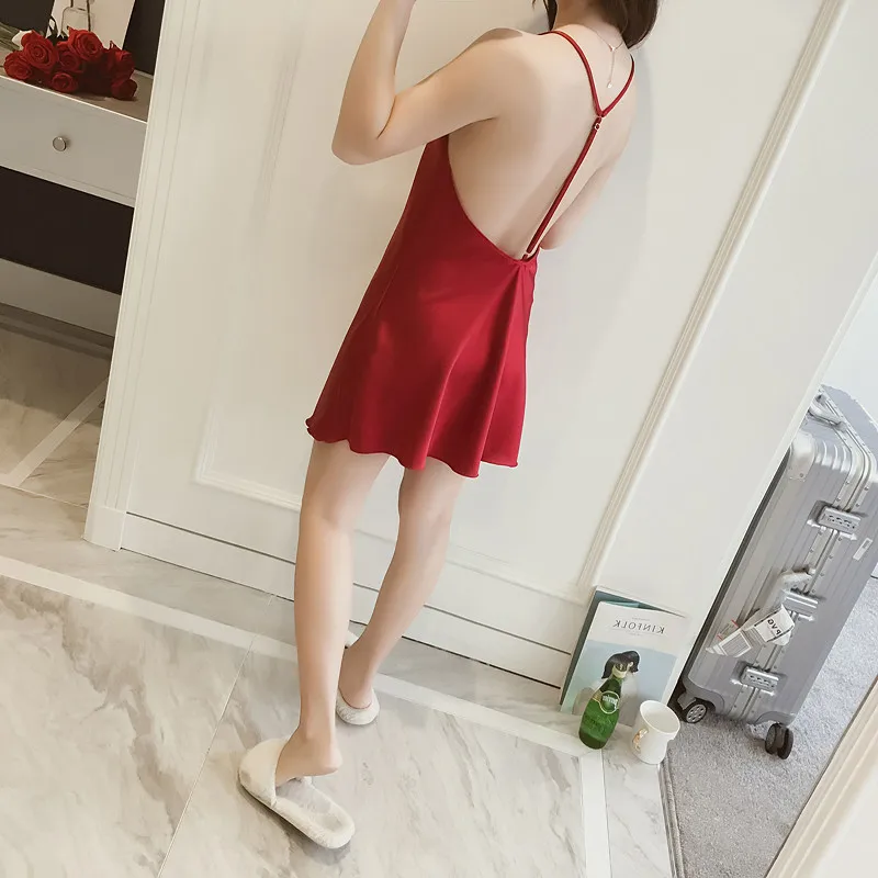 Women's Sexy V-neck Drawstring Nightdress Silk Matte Silk Soft Breathable Smooth Back Nightdress Sexy Nightwear  Camisolas
