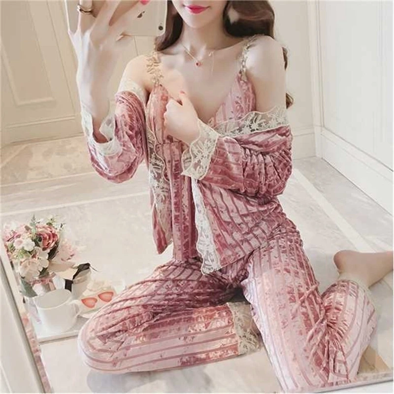 Комплект из 3 предметов новинка золотистые бархатные пижамы Осень-зима теплые