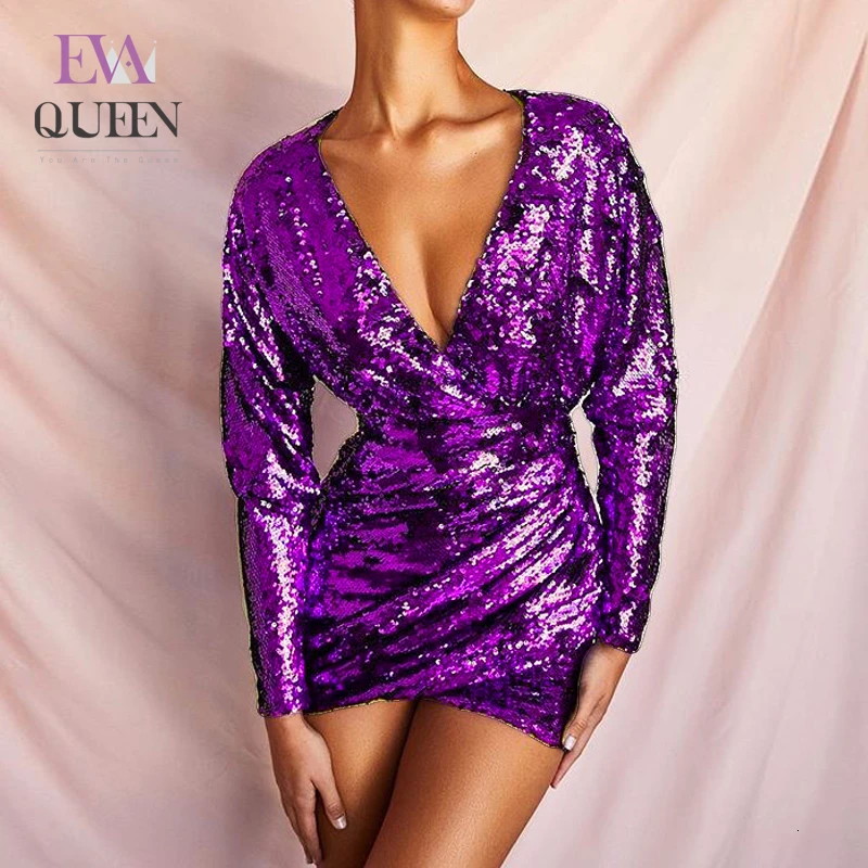 EvaQueen бинты блесток сексуальное женское платье с глубоким v образным вырезом