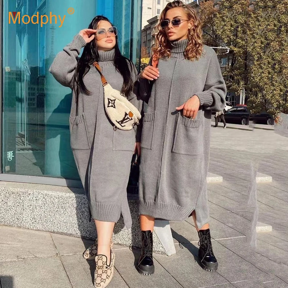 

Длинное вязаное женское платье-свитер большого размера, теплый Свободный Повседневный пуловер с высоким воротником