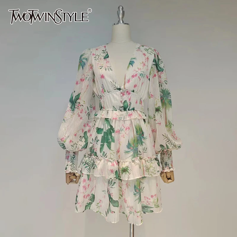 

TWOTWINSTYLE Vintage Print Ruffle Dress For Women V Neck Lantern Long Sleeve High Waist Hit Color Mini Dresses Female 2021 Style
