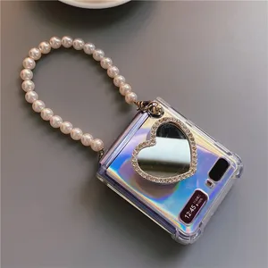 luxury love heart mirror pearl bracelet chain holder phone case for samsung galaxy zflip with laser film for galaxy zflip3 cover free global shipping